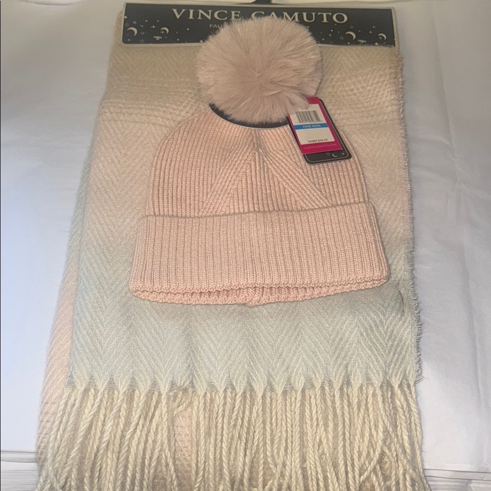 Vince Camuto Pink Knit Beanie and Scarf Set, super soft, new